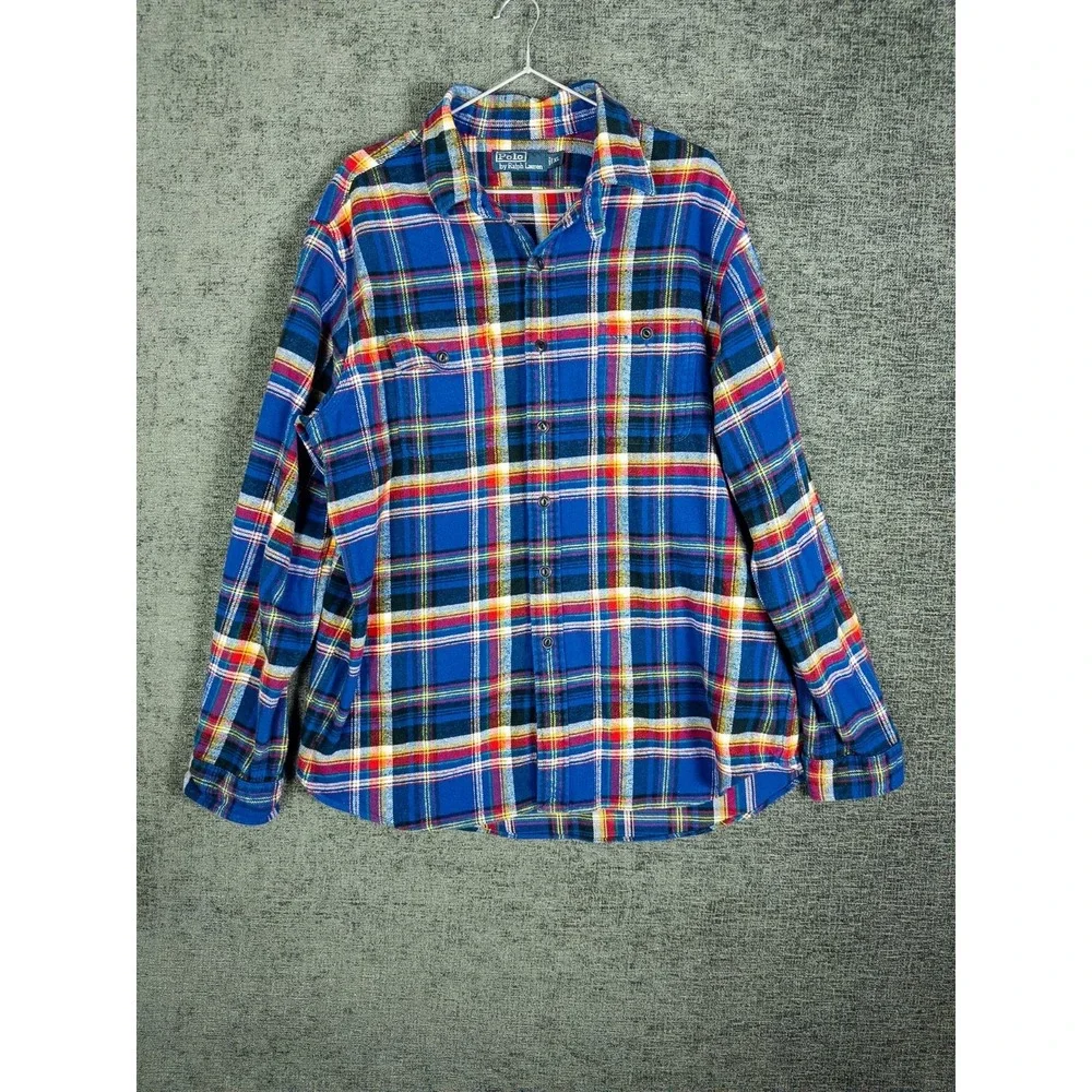 Vintage Polo Ralph Lauren Flannel Shirt Mens XL Blue Red Tartan Plaid Two Pocket